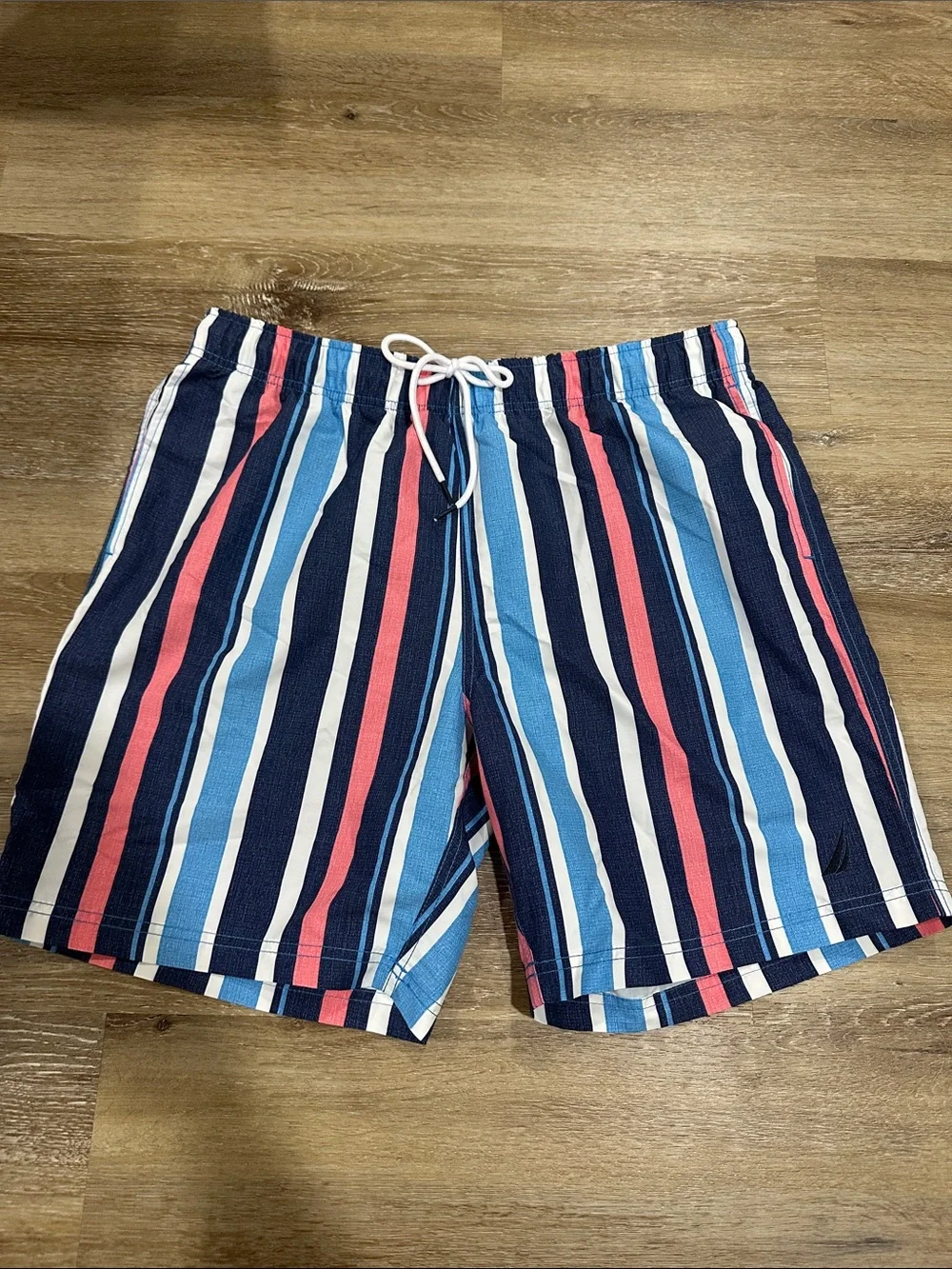Nautica Navy, Light Blue & Pink Vertical Stripe Swim Trunks